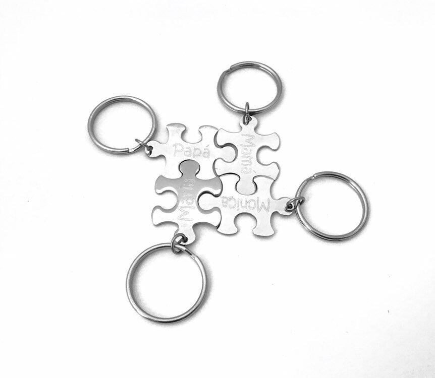 Personalized Stainless Steel Puzzle Key Chain • Custom Engraved Interlocking Puzzle Keepsake