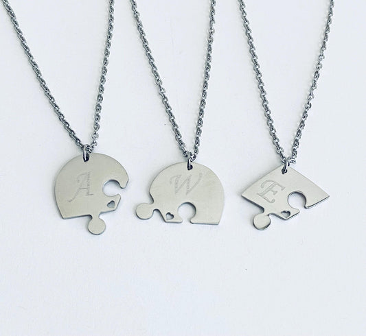 Personalized Stainless Steel 3-Piece Heart Puzzle Necklace Set with Tiny Heart Cutout • Custom Engraved Matching Necklaces