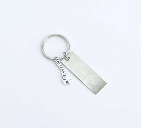 Personalized Key Chain with Wrench Charm • Custom Engraved Stainless Steel Tag Keychain