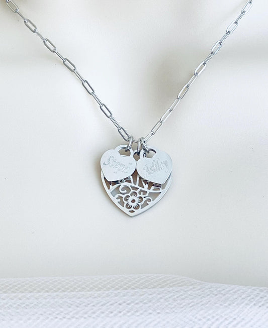 Personalized Nana Necklace with Heart Charms • Stainless Steel & Gold over Stainless Steel