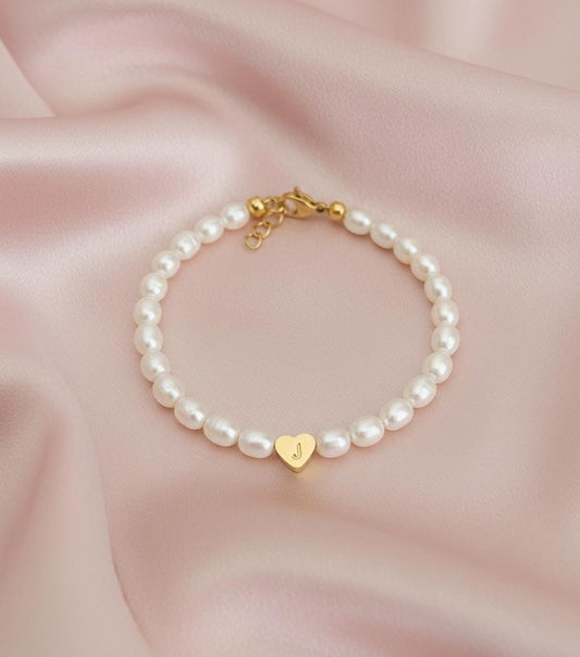 Personalized White Freshwater Pearl Bracelet • Stainless Steel & Gold over Stainless Steel