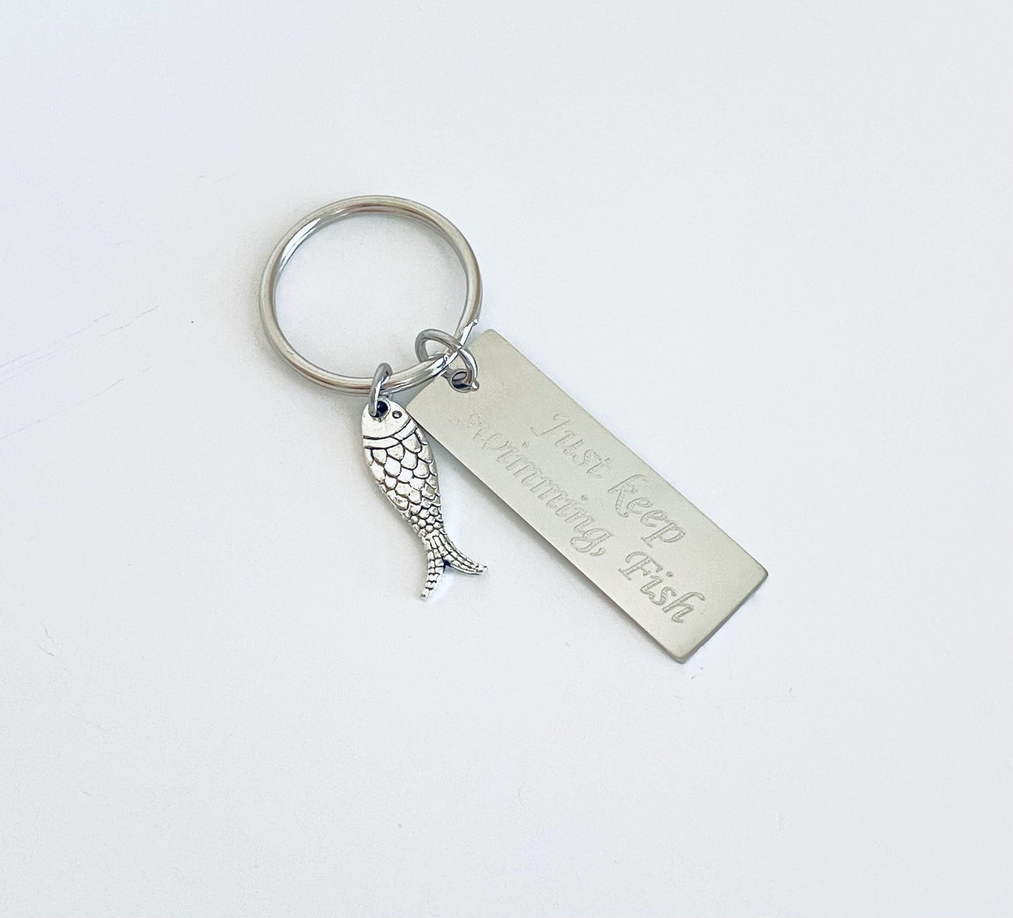 Personalized Stainless Steel Tag with Fish Charm Key Chain • Custom Engraved Fishing Gift