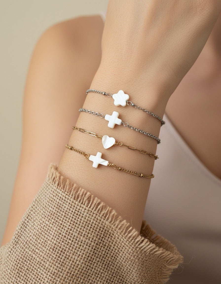 Minimalist Shell Beaded Bracelet • Flower • Cross • Heart Bracelet • Stainless Steel or Gold