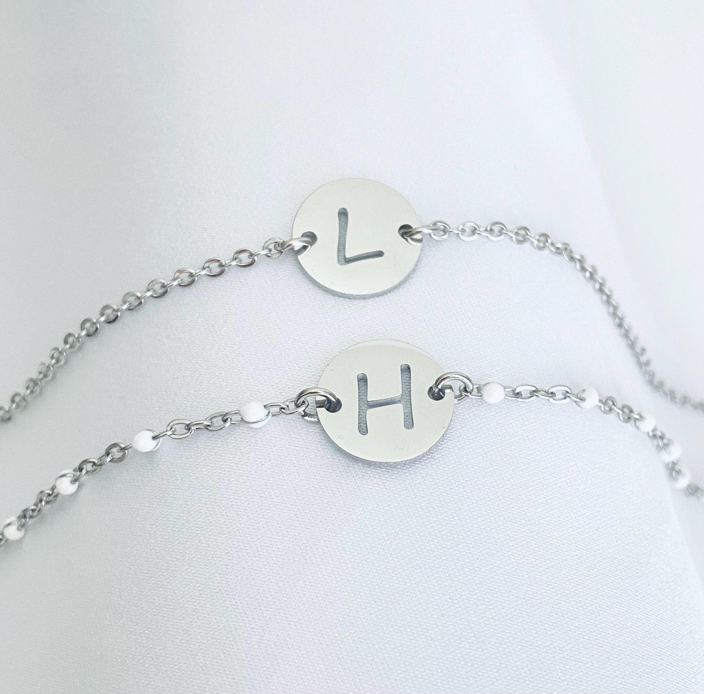 Initial Charm Bracelet • Personalized Letter Bracelet with Flat Cable Chain or White Enamel Beaded Chain