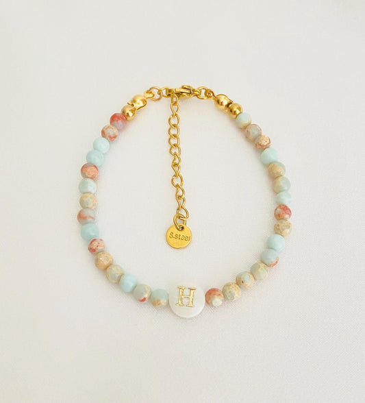 Personalized Shell Initial Bracelet • White Shell, Yellow Shell, Jasper & Ice Jade Beaded Bracelet