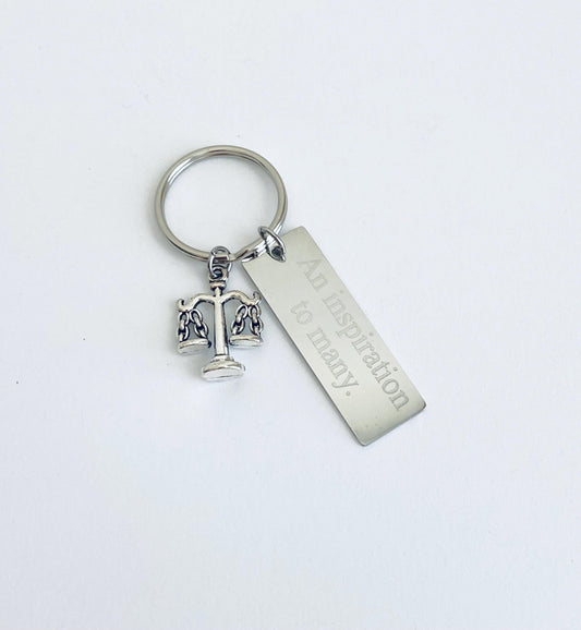 Personalized Stainless Steel Tag with Scale Charm • Custom Engraved Justice Keychain