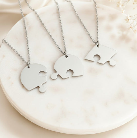 Personalized Stainless Steel 3-Piece Heart Puzzle Necklace Set