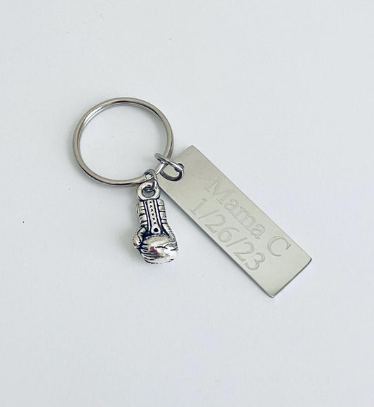 Personalized Key Chain with Boxing Glove Charm • Custom Engraved Stainless Steel Keychain