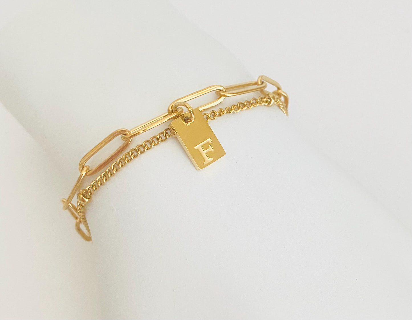 Double Layer Chain Bracelet with Initial Charm • Satellite Chain & Paperclip Chain Bracelet in Stainless Steel or Gold Over Stainless Steel