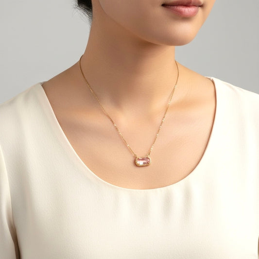 Gold over Stainless Steel Necklace with Glass Gemstone Pendant