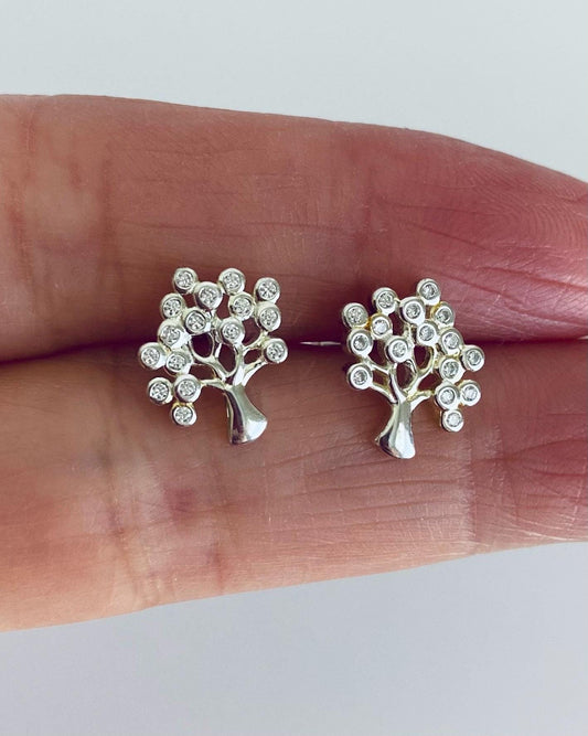 Sterling Silver Tree Stud Earrings with Tiny CZ accent • 925 Silver Tree of Life Studs