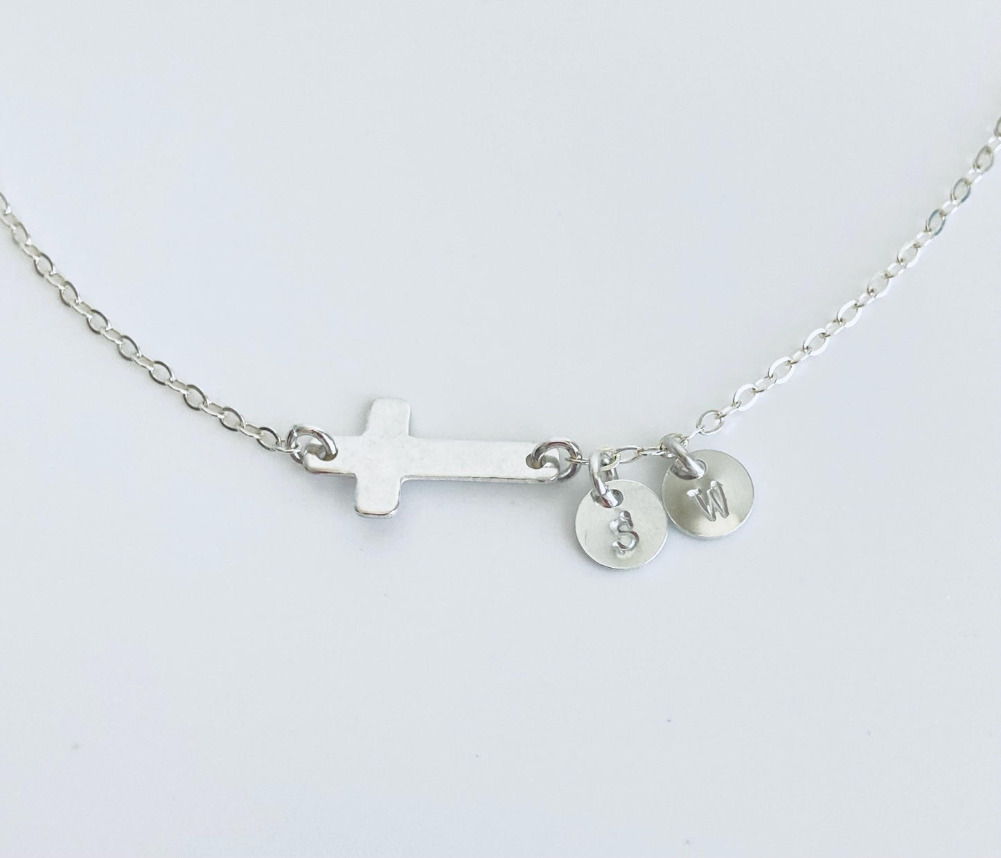 Sterling Silver Cross Bracelet with Two Tiny Initial Charms • Personalized 925 Silver Faith Bracelet