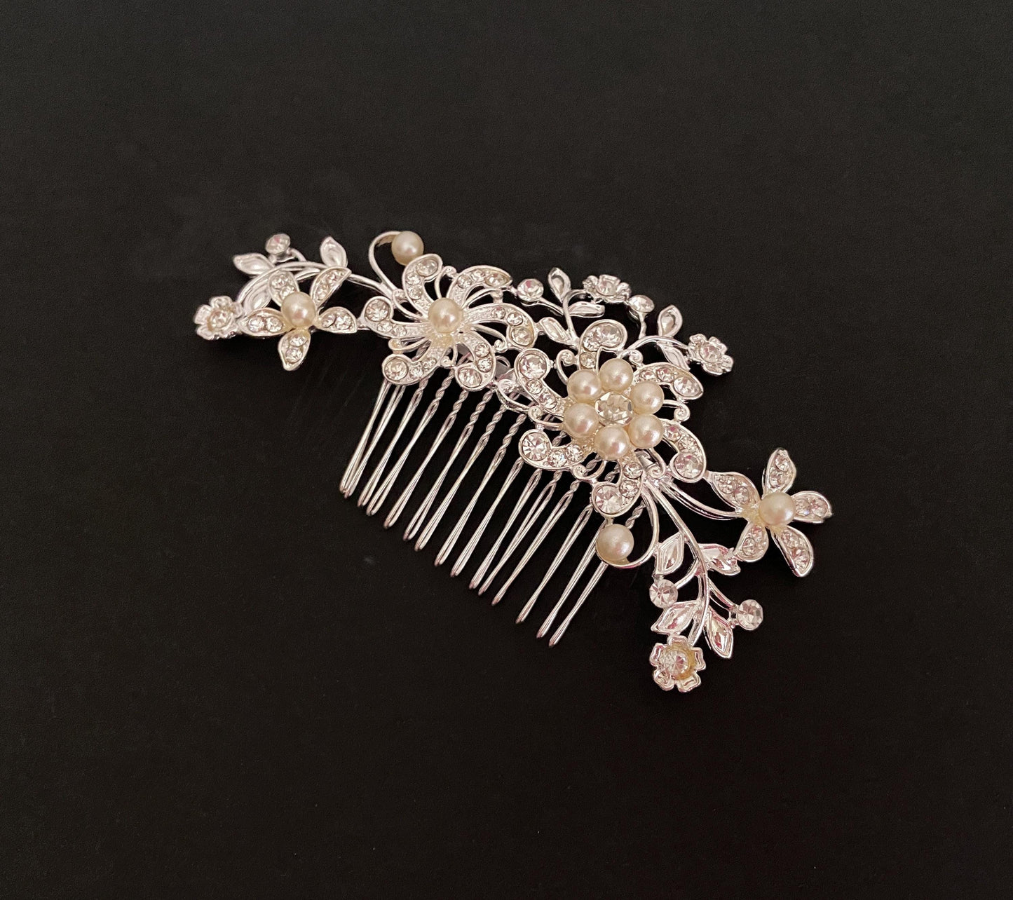 Rhinestone and Glass Pearl Floral Hair Comb • Bridal Wedding Hair Accessory for Bride & Bridesmaids