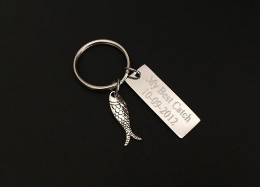 Personalized Stainless Steel Tag with Fish Charm Key Chain • Custom Engraved Fishing Gift