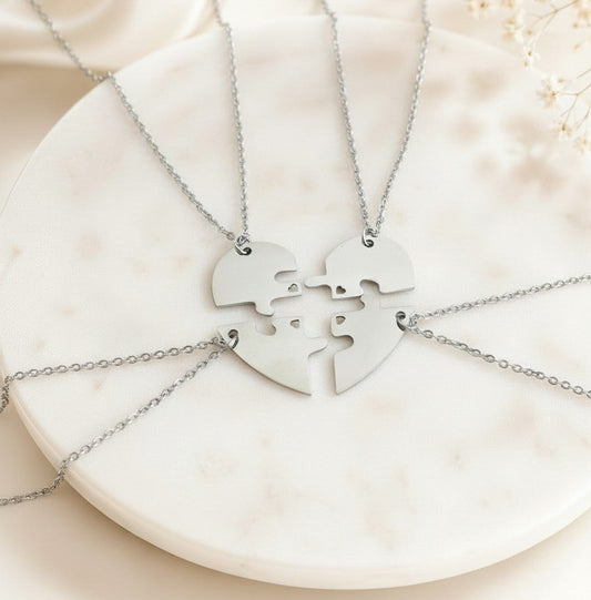 Personalized Stainless Steel 4-Piece Puzzle Heart Necklace Set with Tiny Heart