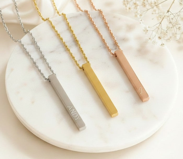 Personalized 4-sided Long Bar Necklace • Stainless Steel, Gold over Stainless Steel, Rose Gold over Stainless Steel