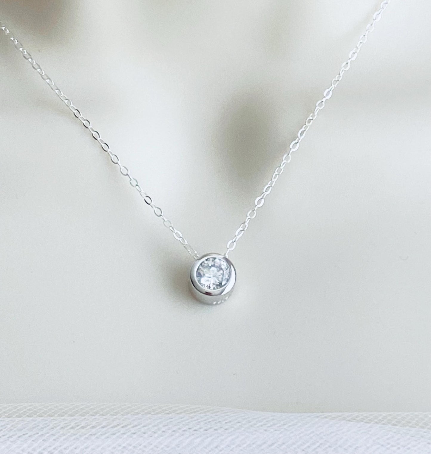 Sterling Silver Sparkle Floating Solitaire Pendant Necklace • Cubic Zirconia Pendant Necklace