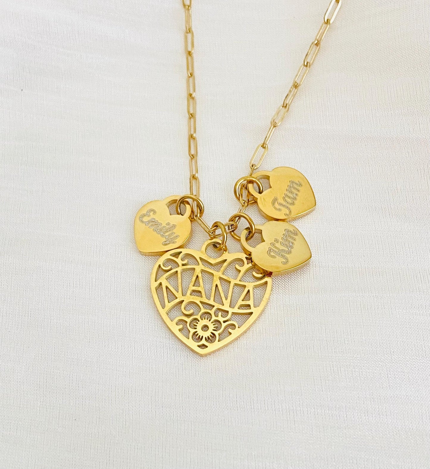 Personalized Nana Necklace with Engraved Heart Charms • Custom Grandma Necklace in Stainless Steel or Gold