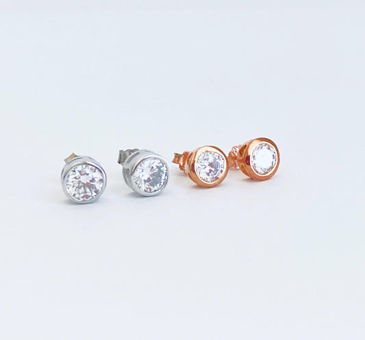Sterling Silver Solitaire Stud Earrings • 925 Silver or Rose Gold over Sterling Silver
