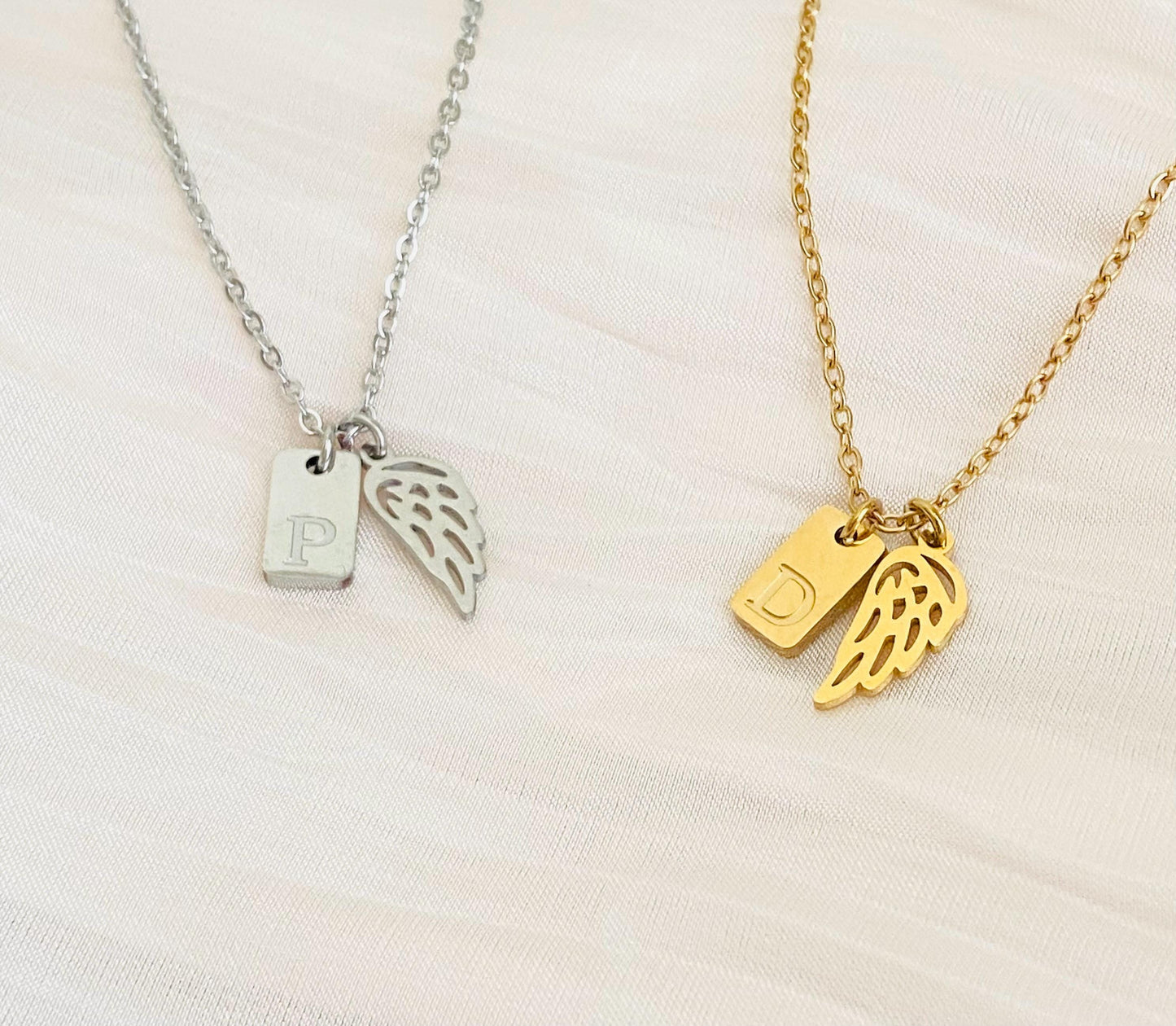 Personalized Angel Wing Necklace with Initial Tag • Stainless Steel or Gold Custom Charm Necklace
