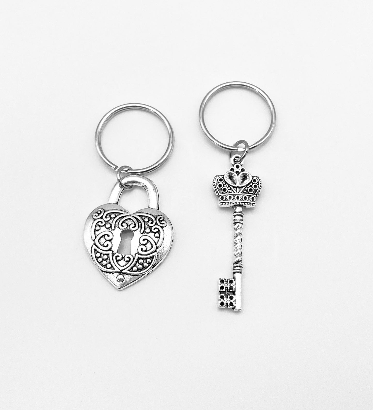 Large Heart Lock and Key Charm Key Chain Set • Base Metal Matching Couple Keychains