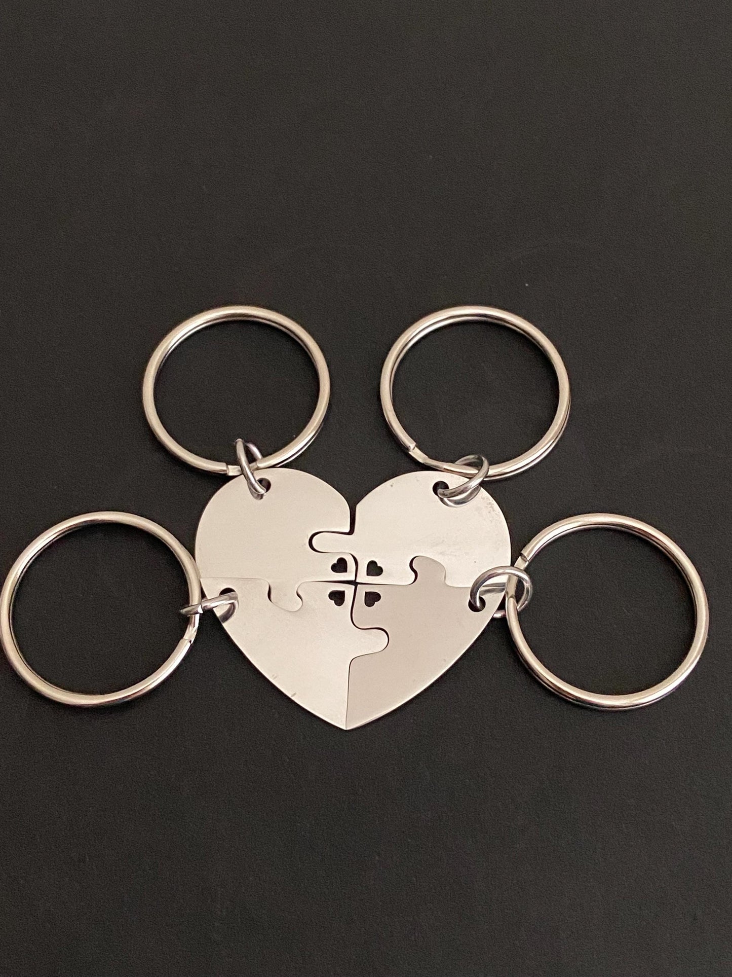 Personalized Stainless Steel 4-Piece Puzzle Key Chain Set with Tiny Heart Cutout • Custom Engraved Matching KeyChains