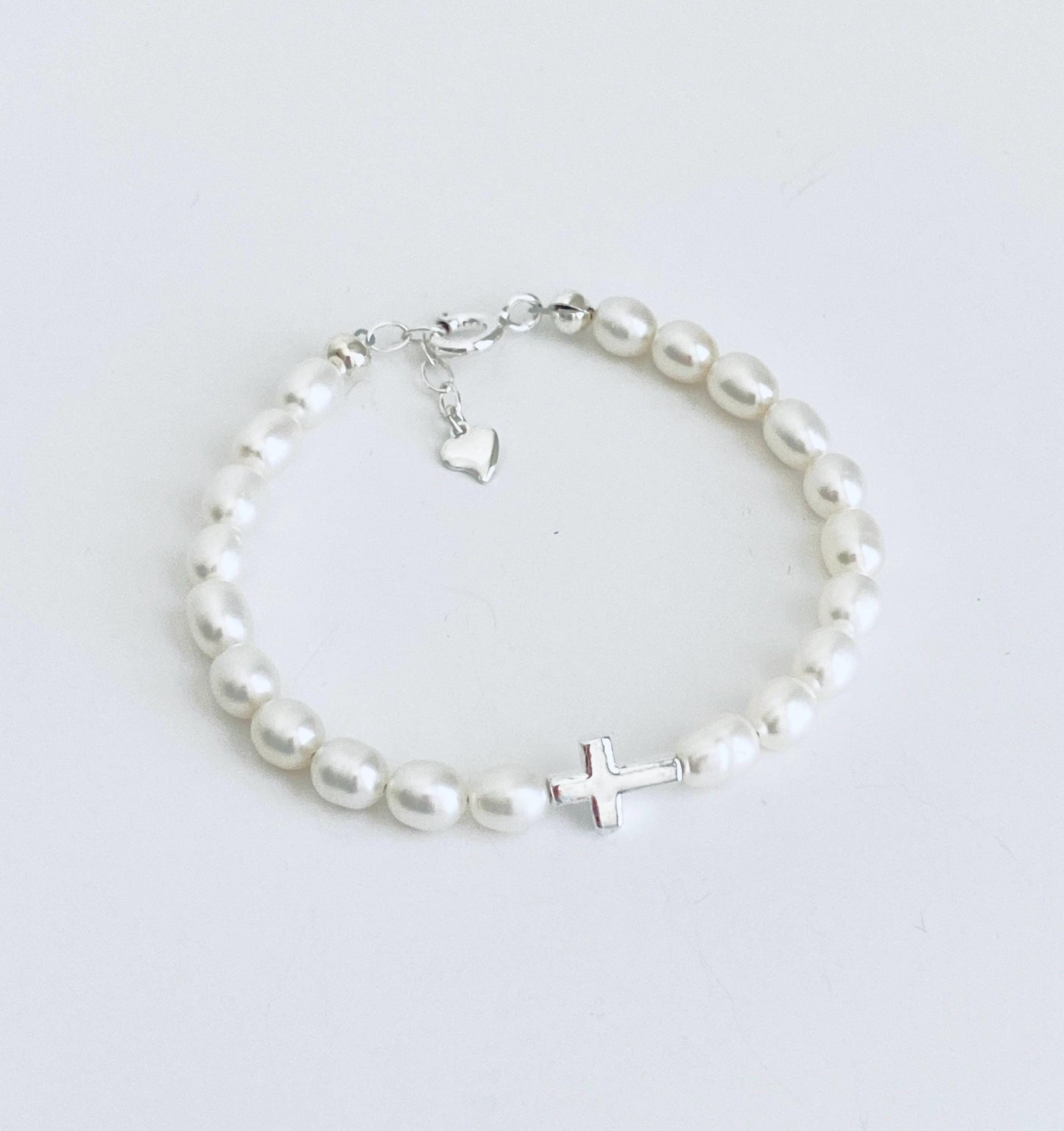 Adjustment Sterling Silver Cross Bracelet with White Freshwater Pearls • Christian Pearl Jewelry Gift