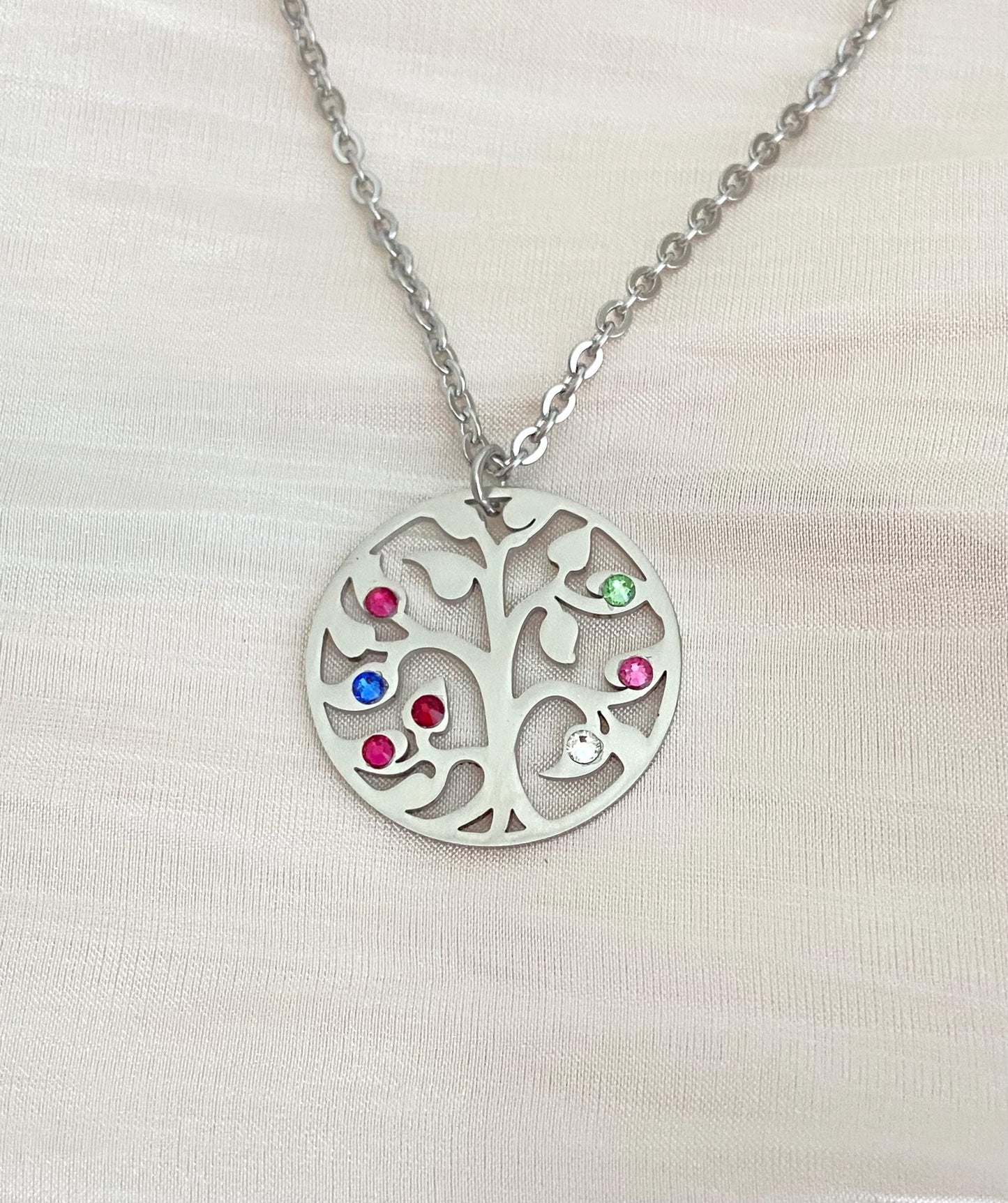Stainless Steel Birthstone Family Tree Pendant Necklace • Personalized Family Jewelry