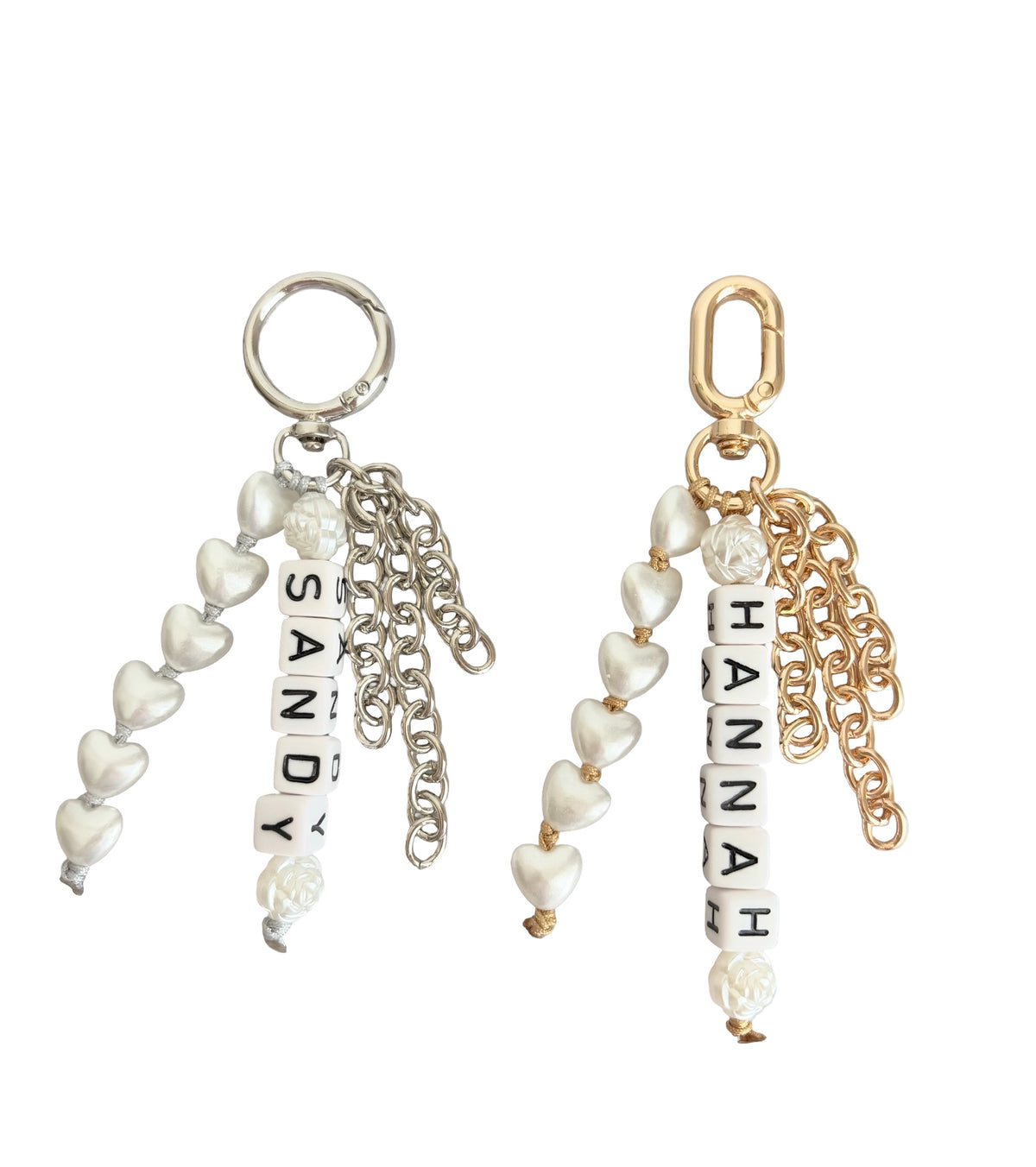 Personalized Bag Charm with Acrylic Heart, Name & Chain Tassels • Silver or Champagne Gold
