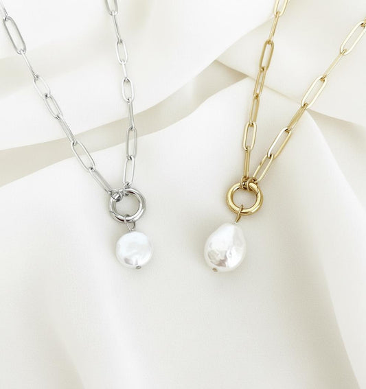 Large Paperclip Chain Necklace with Freshwater Teardrop Pearl • Stainless Steel & Gold over Stainless Steel