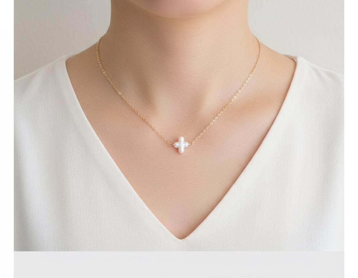 White Freshwater Pearl Cross Necklace • Sterling Silver & Gold Filled
