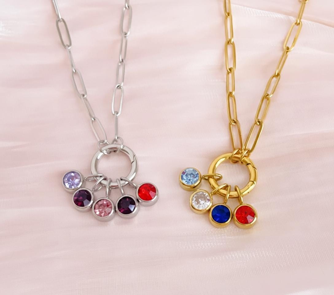 Personalized Family Birthstone Necklace • Stainless Steel, Gold over Stainless Steel