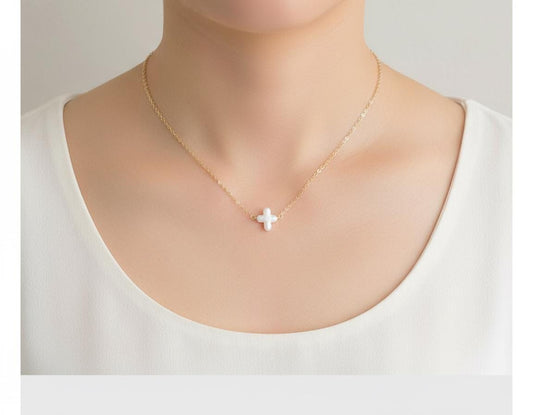 White Freshwater Pearl Cross Necklace • Sterling Silver & Gold Filled