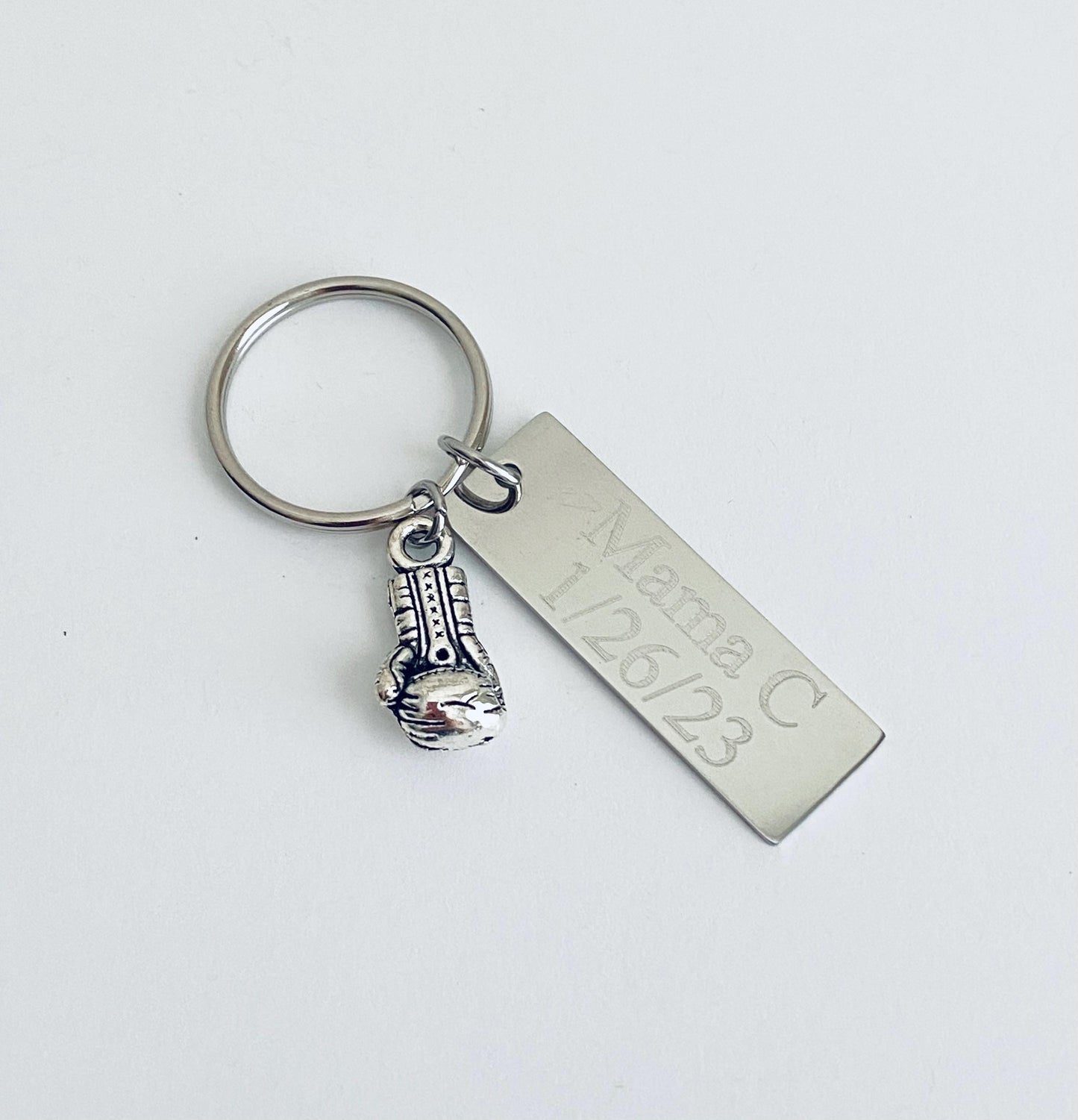 Personalized Key Chain with Boxing Glove Charm • Custom Engraved Stainless Steel Keychain