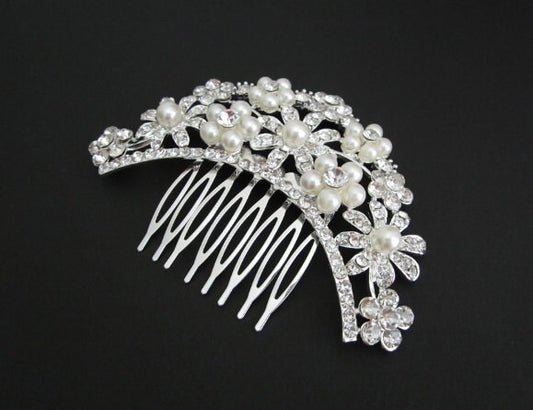 Rhinestone and White Glass Pearl Hair Comb • Elegant Wedding Hair Comb for Bridal Veil