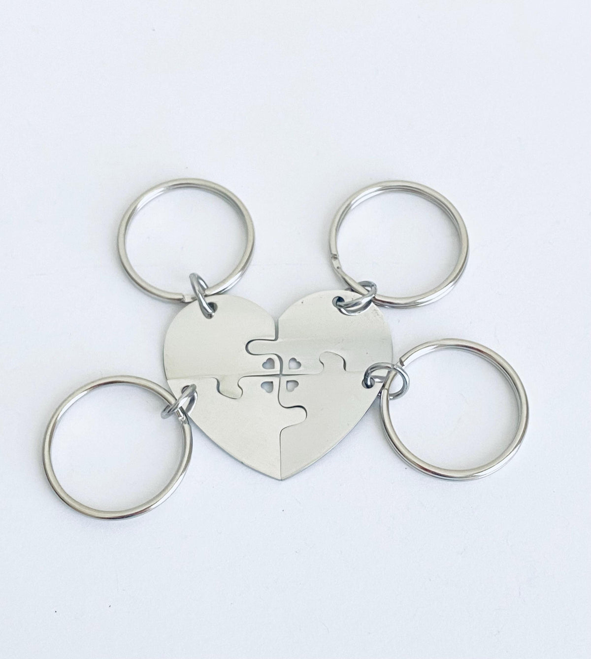Personalized Stainless Steel 4-Piece Puzzle Key Chain Set with Tiny Heart