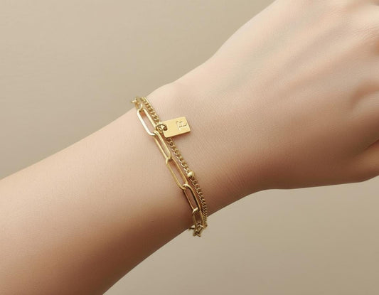 Double Layer Chain Bracelet with Initial Charm • Satellite Chain & Paperclip Chain Bracelet in Stainless Steel or Gold Over Stainless Steel