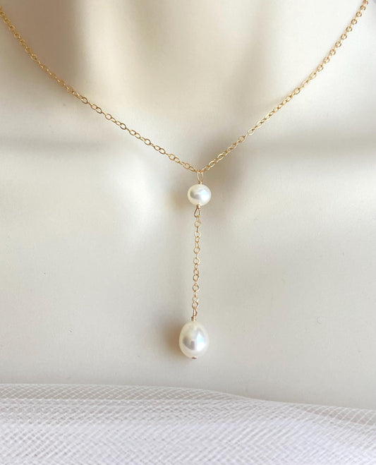 Dangle Y Pearl Pendant Necklace • Sterling Silver or Gold Filled