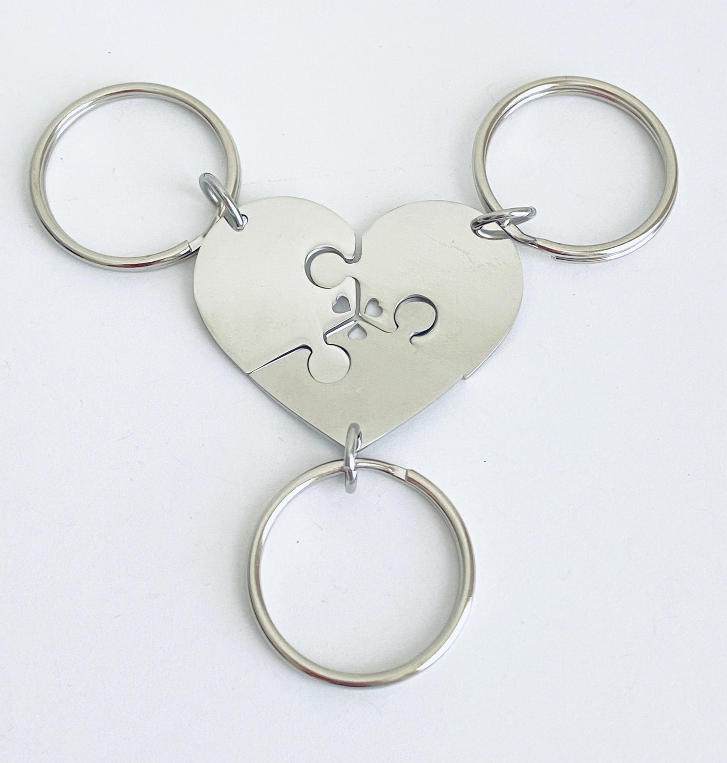 Personalized 3-Piece Heart Puzzle Keychain Set • Custom Engraved Matching Key Chains for Family & Friends