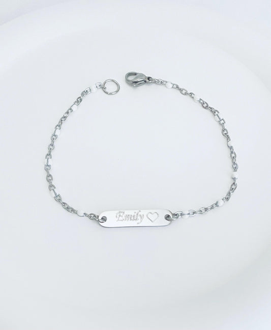 Personalized Stainless Steel Mini Bar Bracelet with White Enamel Beaded Chain • Custom Engraved Name Bracelet