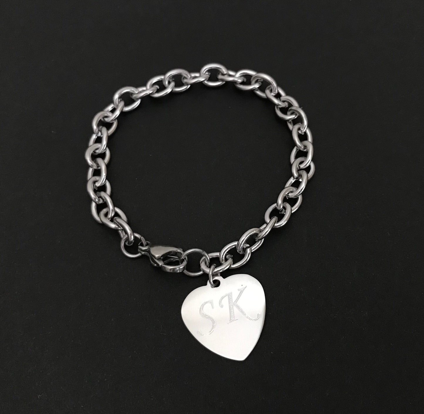 Stainless Steel Chain Bracelet with Personalized Heart Charm • Custom Engraved Bracelet