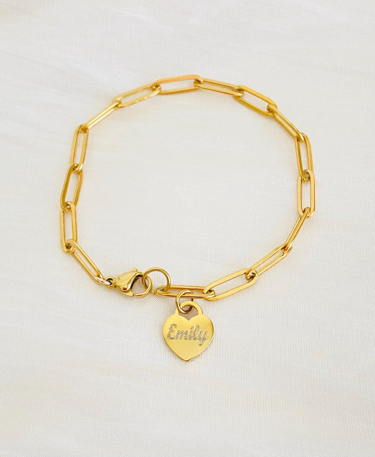 Personalized Paperclip Chain Bracelet with Heart Charm • Stainless Steel or Gold