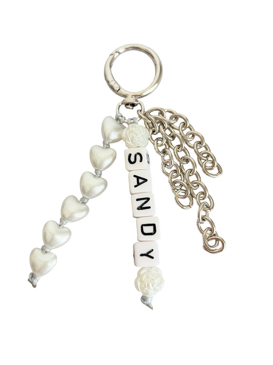 Personalized Bag Charm with Acrylic Heart, Name & Chain Tassels • Silver or Champagne Gold