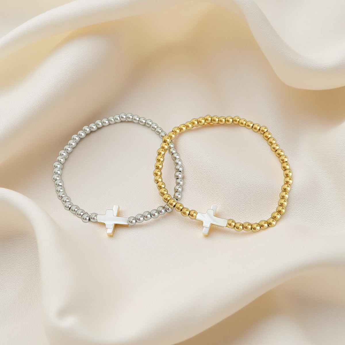 Stretch Bracelet with Shell Cross • Stainless Steel & Gold over Stainless Steel