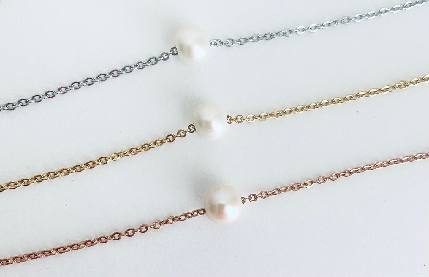 Stainless Steel Floating Pearl Necklace • Big Hole Pearl Necklace in Silver, Gold or Rose Gold