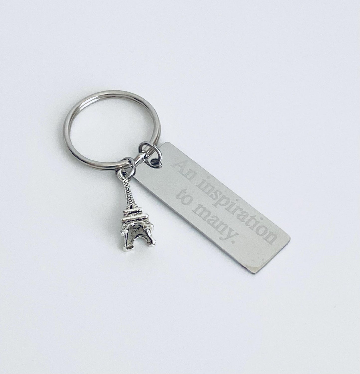 Personalized Eiffel Tower Key Chain with Stainless Steel Tag • Custom Engraved Paris Keychain Gift