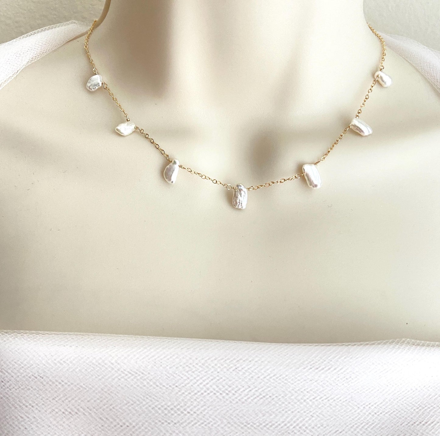Delicate White Freshwater Keshi Pearl Necklace • Sterling Silver, Gold Filled or Rose Gold