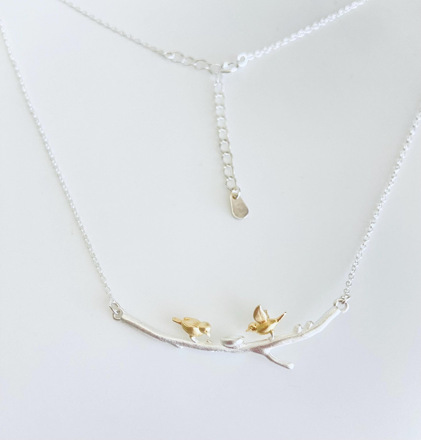 Sterling Silver Necklace with Gold Love Birds on Branch – Two-Tone Romantic Bird Pendant
