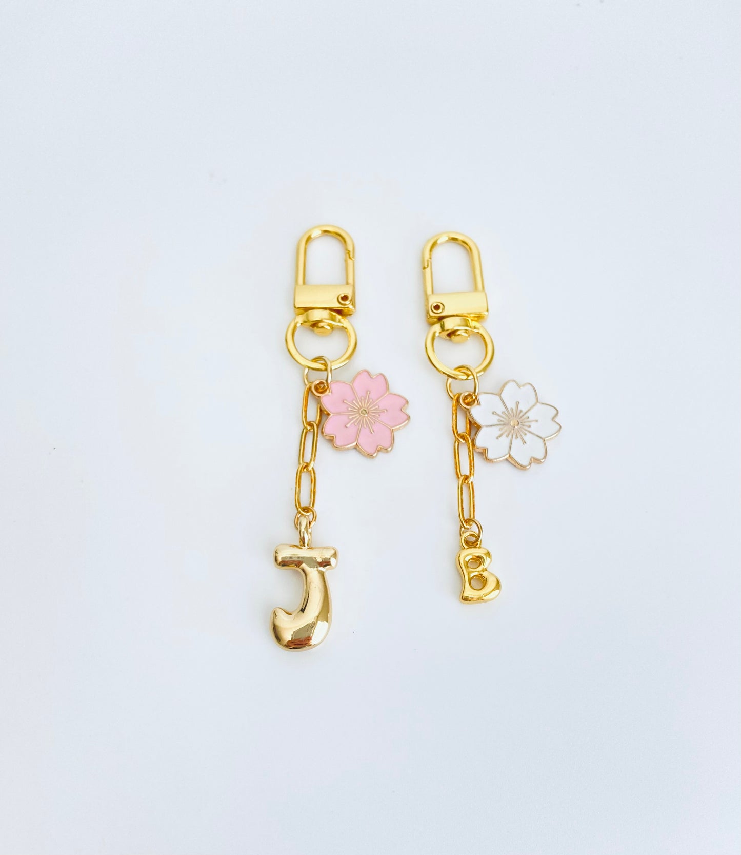 Matching Mother & Daughter Gold Tone Clip-On Bag Charm Set • Large & Small Bubble Initial with Flower Charm Set