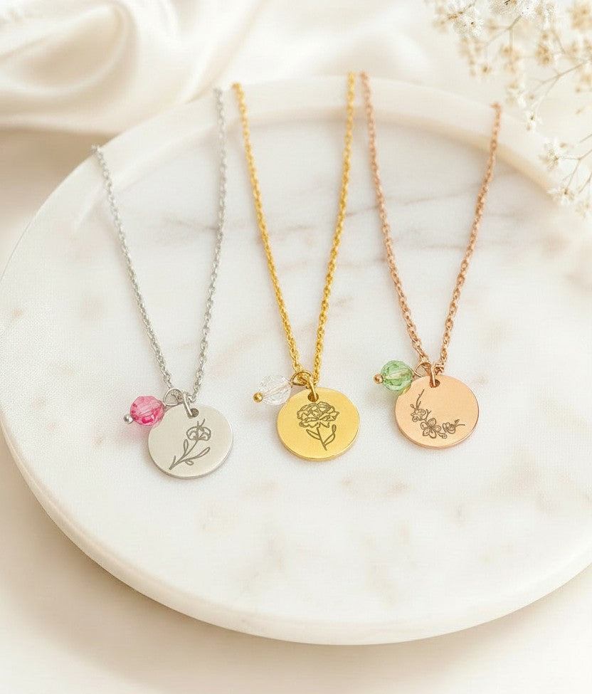Personalized Birth Flower Necklace with Birthstone • Stainless Steel & Gold over Stainless Steel